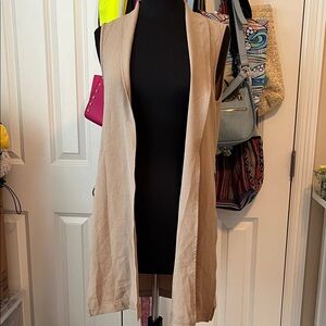 Sleeveless Open Front Long Vest in Beige